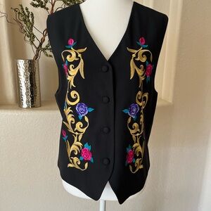 Casual Corner Black Embroidered Button Up Vest Womens 10 Vintage EUC Floral